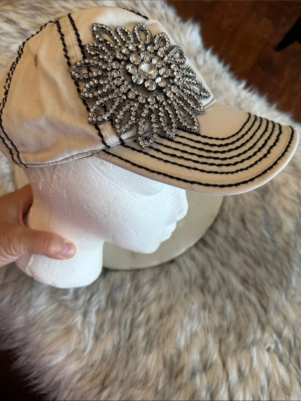 OLIVE & PIQUE Embellished Crystal Flower Baseball Cap - White